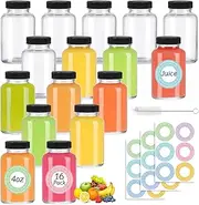 NEWMIAO 16 Pack 4 oz Glass Shot Bottles with Caps, 120 ml Capacity, Reusable Empty Glass Bottles, Small Clear Glass Jars for Ginger, Juice, Wellness Shot, Beverages