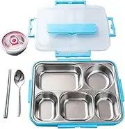 5 Compartments Lunch Box Stainless Steel Leak-Proof Large Bento Boxes Soup Container School Dinnerware(Blue)