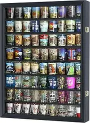 Maple Home Shot Glass Display Case Wall Shot Glass Cabinet Rack Holder Lockable with UV Protection Door Shot Glass Collection Display Cabinet Mirror Back (Black Finish)