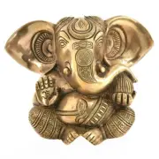Antique Finish Brass Engraved Sitting Ganesha With Large Ears Figurine Statue