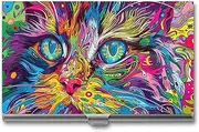 LKHDS Slim Aluminum Alloy Business Card Holder A Psychedelic Cat Pocket Business Card Case Portable Business Card Wallet Business Card Holders Handheld Card Box for Women Men, style, One size