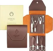 Ozric Luxury Manicure Set, Pedicure Set - Nail Clippers & Grooming Kit for Men & Women, Stainless Steel Nail Kit with Brown Leather Travel Pouch, UK Designed Elegance