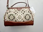 $399 Patricia Nash Discovery Brianza Tan Tapestry Frame Satchel Purse NWT