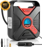 12V Portable Air Compressor Tyre Inflator Pump with Gauge, LED Light & Adaptors