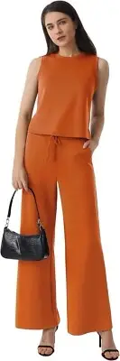 AFITNE 2 Piece Outfit Sleeveless Top & Wide Leg Pants. Coffee6911 Sz: XS. NEW