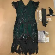 Women's Large Black Green Sequin Fringe Flapper Dress & Accessory Set 9 Pieces