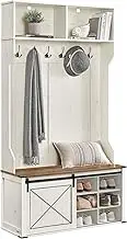VASAGLE Hall Tree with Bench and Shoe Storage, Coat Rack with Shoe Bench, Entryway Furniture, 6 Tri-Hooks, Sliding Door, Farmfouse Style, Space Saving, Rustic White and Honey Brown UHSR442W01