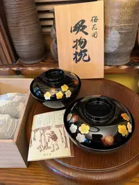 在飛比找Yahoo!奇摩拍賣優惠-日本帶回 吸物碗 漆器木碗 湯碗 山中漆器山中蒔繪 黑漆木粉