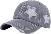 [Generic] Women's Washed Distressed Cotton Denim Ponytail Hat Fashion Star Embroidered Baseball Cap Adjustable Trucker Sun Hat