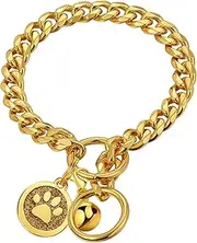 IDoFas Gold Chain Dog Slip Collar, 18K Gold Plated Stainless Steel Metal,10MM Width Polished Cuban Link Dog Slip Collar,Heavy Duty Walking Training Collar for Small Medium & Large Dogs.