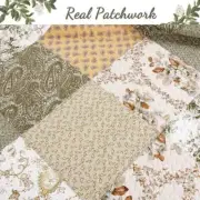 BEAUTIFUL COTTAGE CHIC PATCHWORK WHITE SAGE GREEN BROWN BLUE COUNTRY QUILT SET