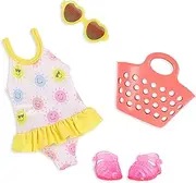 Glitter Girls – 14-inch Doll Clothes – 4pcs Swimsuit Outfit – Sunny One-Piece & Beach Bag – Heart Sunglasses & Pink Sandals – 3 Years+ – Splish, Splash, and Sparkles