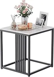 Marble Top Side Table Black: 2 Tier Square End Tables 40 x 45cm Real Sintered Stone Bedsides with Black Legs Modern White Marbles Nightstand Sofa Corner Plant Table for Living Room