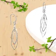 Solid 925 Sterling Silver Twisted Open Leaves Dangle Earrings