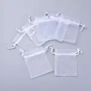 100x White Rectangle Presents Packages Organza Bags with Sequins Ribbons 9x7cm