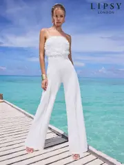 Lipsy White 3D Floral Bandeau Wide Leg Jumpsuit (AR9491) | $150