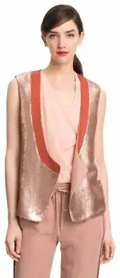 NWT~$595~DVF~Joline Metallic Sequin Vest~Size 4~Peach Buff~Silk~Sequin~Contrast