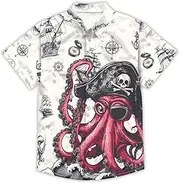 [THE PIRATE KING] Funny Pirate Hawaiian Shirt Boys Girls Beach Tropical Casual Short Sleeve Button Down Shirt for 5-14 Years