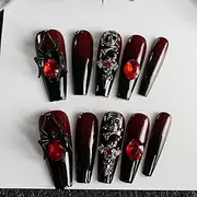 10Pcs Handmade Press on Nails, Long Lacauer Coffin False Nails, Matte Coffin Fake Nails, Halloween Skull Ruby Spider Fake Nails, Halloween Nails with Black and Red Gradient (Black and Red Gradient, S)