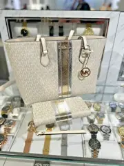 Michael Kors Lady Sheila Large Handbag Shoulder Tote Bag + Long Wallet Pale Gold