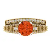 2.1ct Round Cut Pave Red Stone Ring Band bridal Set 14k 2 Tone solid Gold