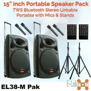 E-Lektron EL38-M 2 X 15 inch TWS Portable Bluetooth Speakers Microphones +Stands