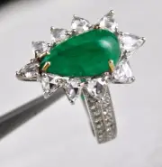 Natural Emerald Cabochon Pear Rose Cut Diamond 18k Gold Gemstone Finest Ring