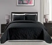 Mk Collection King/California King Over Size 118"x106" 3pc Diamond Bedspread Bed-Cover Embossed Solid Black New