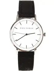 [Mon Choux] Classic Black Cork Vegan Leather Watch 38mm in White/Silver
