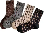 [ZXBUZO] 4/5/6 Pairs Leopard Print Cotton Crew Socks for Women Cheetah Animal Print Fuzzy Ankle Socks Winter Cute Crew Socks