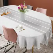 Solid Embroidery Oval Tablecloth with Tassels for Oval Table, Gray 52 x 70 In...