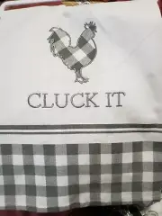 'Cluck It' Farmhouse Puns Dish Towel new 18"x 28" white, gray check, embroidered