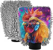 XYMZR Brightly Colored Rooster Absorbent Microfiber Car Wash Mitt, Funny Cute Anime Scratch Free for Cars Cleaning, Home Cleaning Mitts, 2 Pack, 10.24” L x 7.09” W