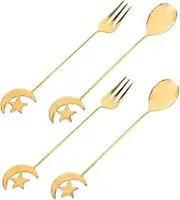 KICHOUSE Elegant Stainless Steel Star Moon Fork Spoon Set Versatile Mini Tea Spoons Salad for Desserts and Decor