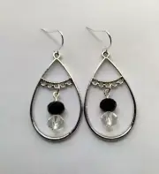 Black Clear Crystal Glass Beaded Teardrop Hoop Earrings Handmade Silver Tone