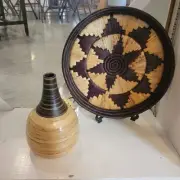 Wicker Two-toned Basket Tray & Vintage Bamboo & Ceramic Mixed Medium Vase Bundle