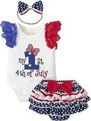 [Noubeau] Newborn Baby Girl My First 4th of July Outfits Red Blue Ruffle Sleeve Sleeveless+Bow Short Set Bloomers+Headbands