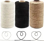 Anvin 984 Feet Cotton Twine Natural Jute Packing String - Black, White for Bakers, Wrapping, Butchers, Baking, Arts and Crafts, Gardening (Pack of 3, 10 Ply 2mm Thick)
