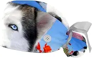[FVQL] Set of 2 Scrub Cap Nurse Hat for Long Hair, Funny Dog Husky and Flower