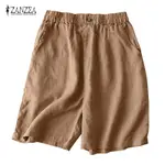 ZANZEA 女式韓版鬆緊腰帶裝飾鈕扣口袋棉麻短褲