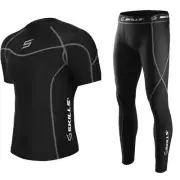 Mens Compression Armour Base layer Top Skin Fit Shirt + Leggings / Pants set