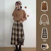 Mock-Neck Long-Sleeve Top / Sweater / Plaid A-Line Midi Skirt / Set Set of 3 - Top & Sweater & Skirt - Light Brown & Caramel & Plaid - Beige & Gray - S