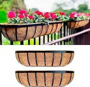 LaLaGreen Deck Railing Planter Boxes for Plants (2 Pack, 24 Inch) Black Metal Wall Planters for Outdoor Plants, Window Flower Box Deck Railings with Coco Liner, Fence Balcony Patio Porch Over Rail