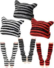 [Hicarer] 3 Sets Crochet Hats and Arm Warmers Vintage Cat Beanie Fox Hat Goth Y2k Arm Sleeves Fingerless Gloves for Women, Black, White, Gray, Red, One Size