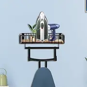 Ironing Board Holder Wall Mount, Iron Board Hanger with Wood Base, Iron Board Wall Mount for T Shaped with Removable Hooks, Iron and Ironing Board Storage Organizer Laundry Room Decor