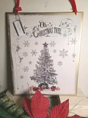 NWT 11"X9.5" Metal Oh Christmas Tree Sign Home Decor Wall Art Vintage Inspired