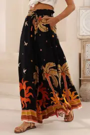 Charli Pants - Paper Bag High Waisted Wide Leg Pants in Midnight Desert Print