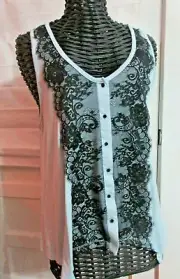 Buffalo David Bitton WOMENS XL TANK LIGHT BLUE BLACK LACE INSET SOFT DRAPED TANK