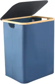 Folding Bamboo & Canvas Laundry Hamper - Single Basket with Lid - Modern Collapsible Design - Blue
