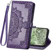[PAOBIR] Wallet Case for Google Pixel 8A,Flip Case PU Leather Emboss Mandala Flowers Wrist Strap Folio Card Slots Magnetic Kickstand Protective Phone Cover for Google Pixel 8A Purple